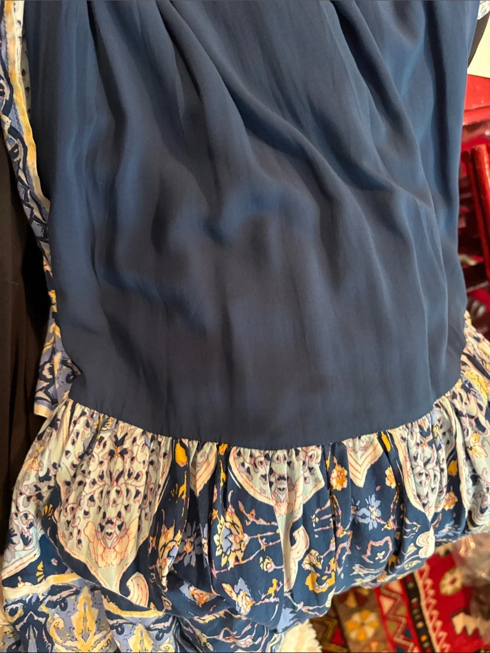 Free People Bohemian Blue Floral Tiered handkerchief hem Maxi Skirt. Lined Sz S